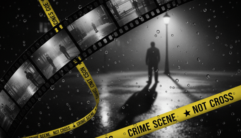 Una cinta de película de 35mm entrelazada con cinta de escena del crimen amarilla sobre un fondo oscuro y brumoso.