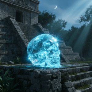 Cráneo de cristal con energía azul interna