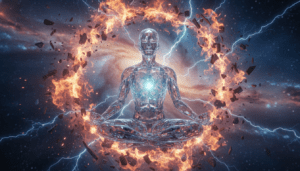 Representación visual del estado de desapego: calma interior en medio del caos exterior.