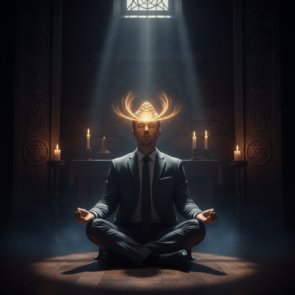 Persona meditando con luz en el tercer ojo representando la intuición.