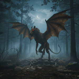 Representación artística del Diablo de Jersey en los bosques de Nueva Jersey