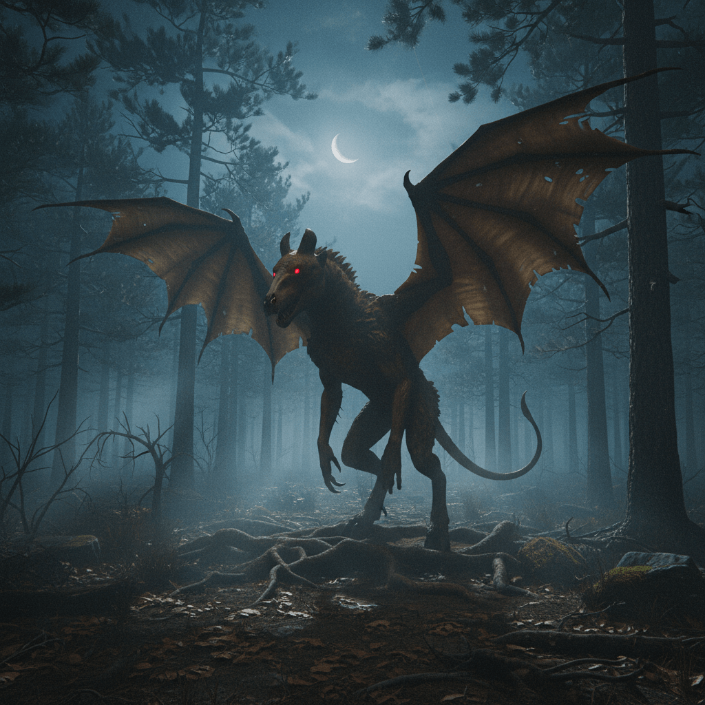 Representación artística del Diablo de Jersey en los bosques de Nueva Jersey