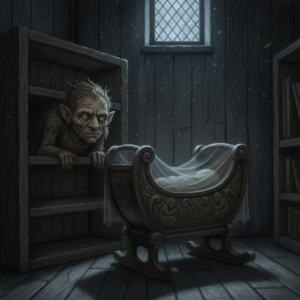 Duende acechando una cuna en una habitación antigua