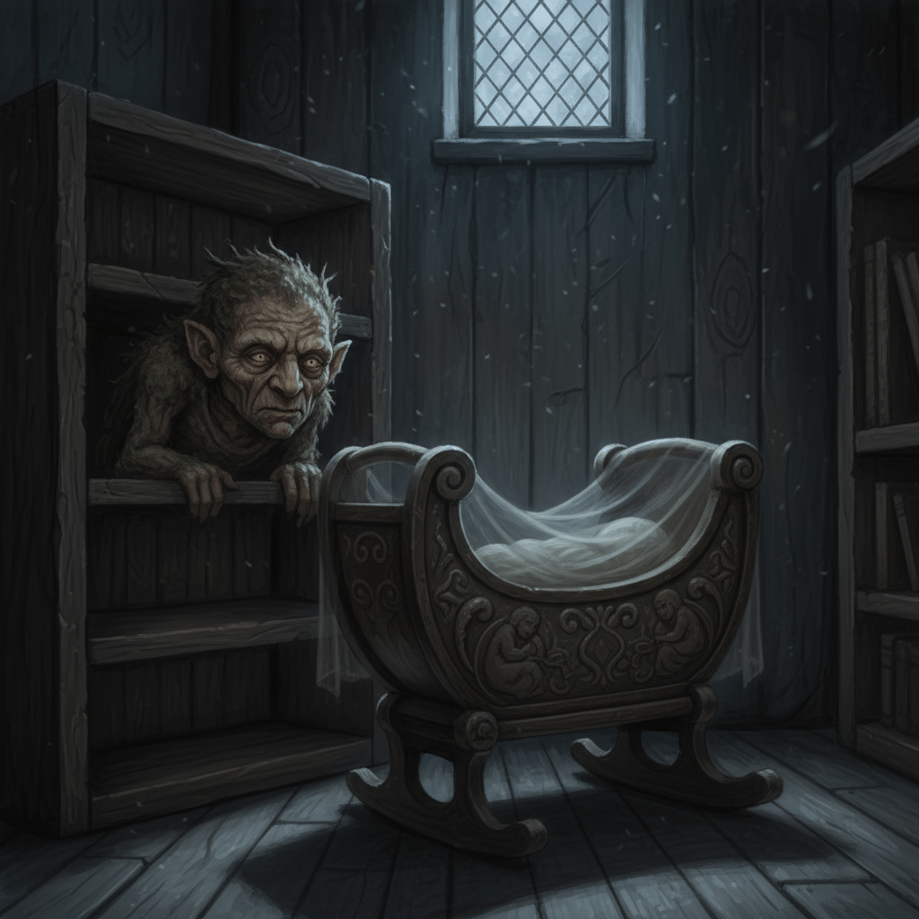 Duende acechando una cuna en una habitación antigua