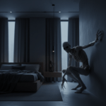 Criatura el Rake acechando en una habitación oscura