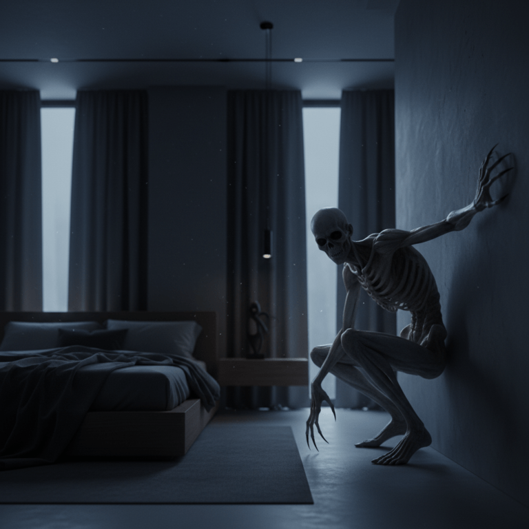 Criatura el Rake acechando en una habitación oscura