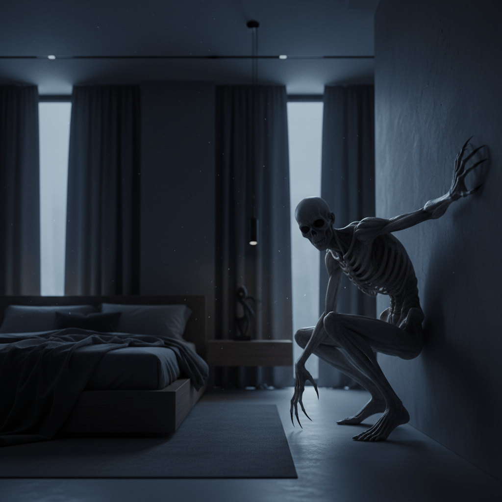 Criatura el Rake acechando en una habitación oscura