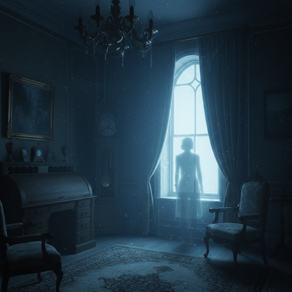 Silueta etérea de una entidad en una habitación antigua