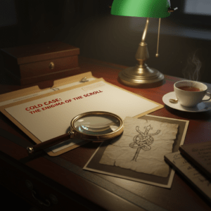 Escritorio de investigador con archivos de crímenes rituales.