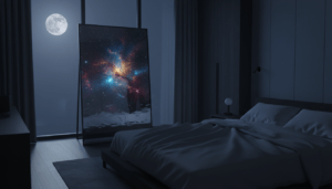 Una habitación en penumbra donde un espejo frente a una cama refleja un paisaje cósmico en lugar de la habitación.