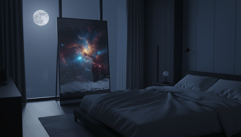 Una habitación en penumbra donde un espejo frente a una cama refleja un paisaje cósmico en lugar de la habitación.