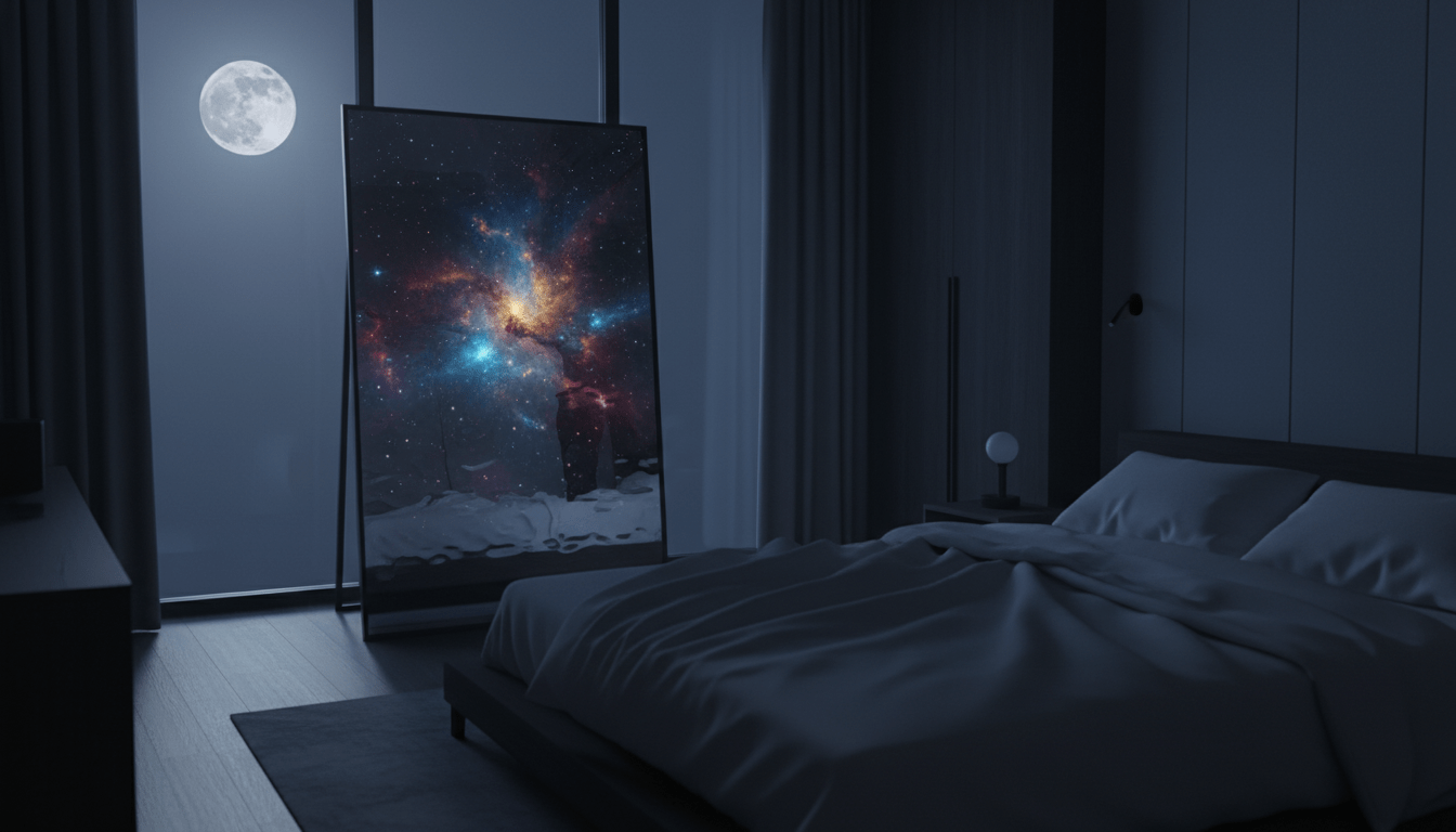 Una habitación en penumbra donde un espejo frente a una cama refleja un paisaje cósmico en lugar de la habitación.