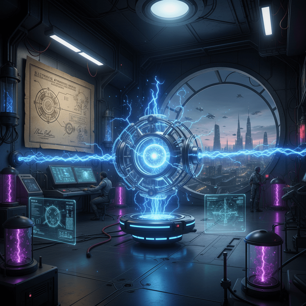 Dispositivo futurista de energía del punto cero inspirado en Tesla