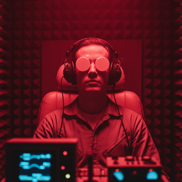 Persona participando en un experimento Ganzfeld con luz roja y privación sensorial.