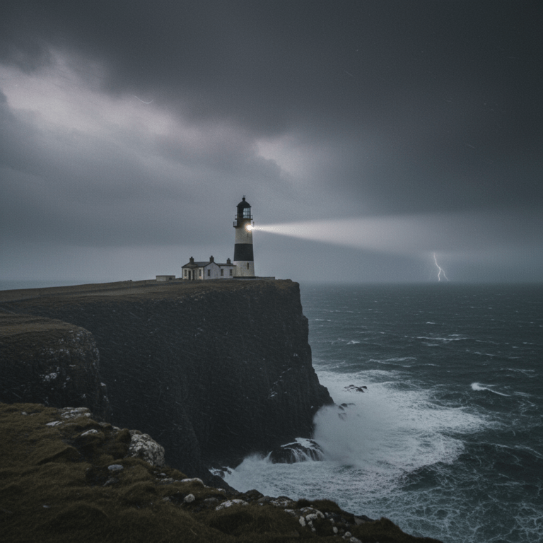 El faro de Eilean Mòr en las islas Flannan bajo un cielo nublado.