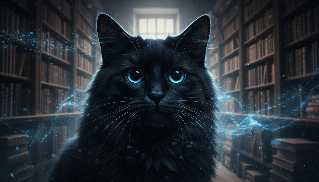 Un gato negro con ojos brillantes de color ámbar mirando fijamente hacia una distorsión de luz etérea en una habitación oscura.