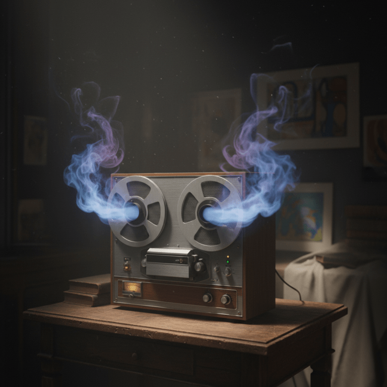 Grabadora de cinta antigua capturando psicofonías en una habitación oscura.