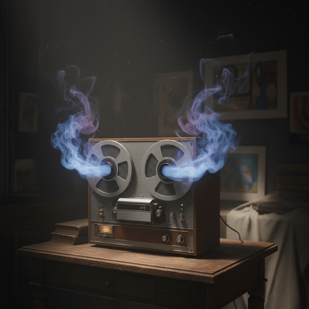 Grabadora de cinta antigua capturando psicofonías en una habitación oscura.