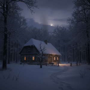 Vista exterior de la granja Hinterkaifeck en un entorno sombrío.