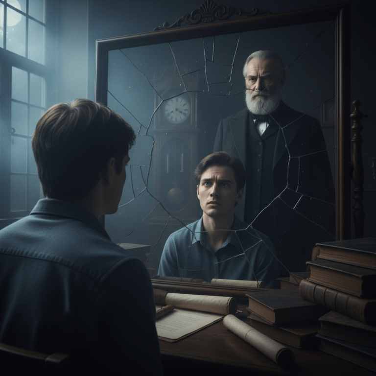 Hombre joven viendo el reflejo de su ancestro en un espejo