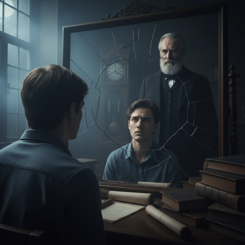 Hombre joven viendo el reflejo de su ancestro en un espejo