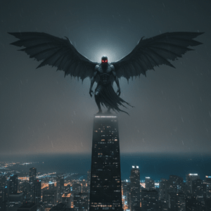 Hombre polilla de Chicago sobre un rascacielos