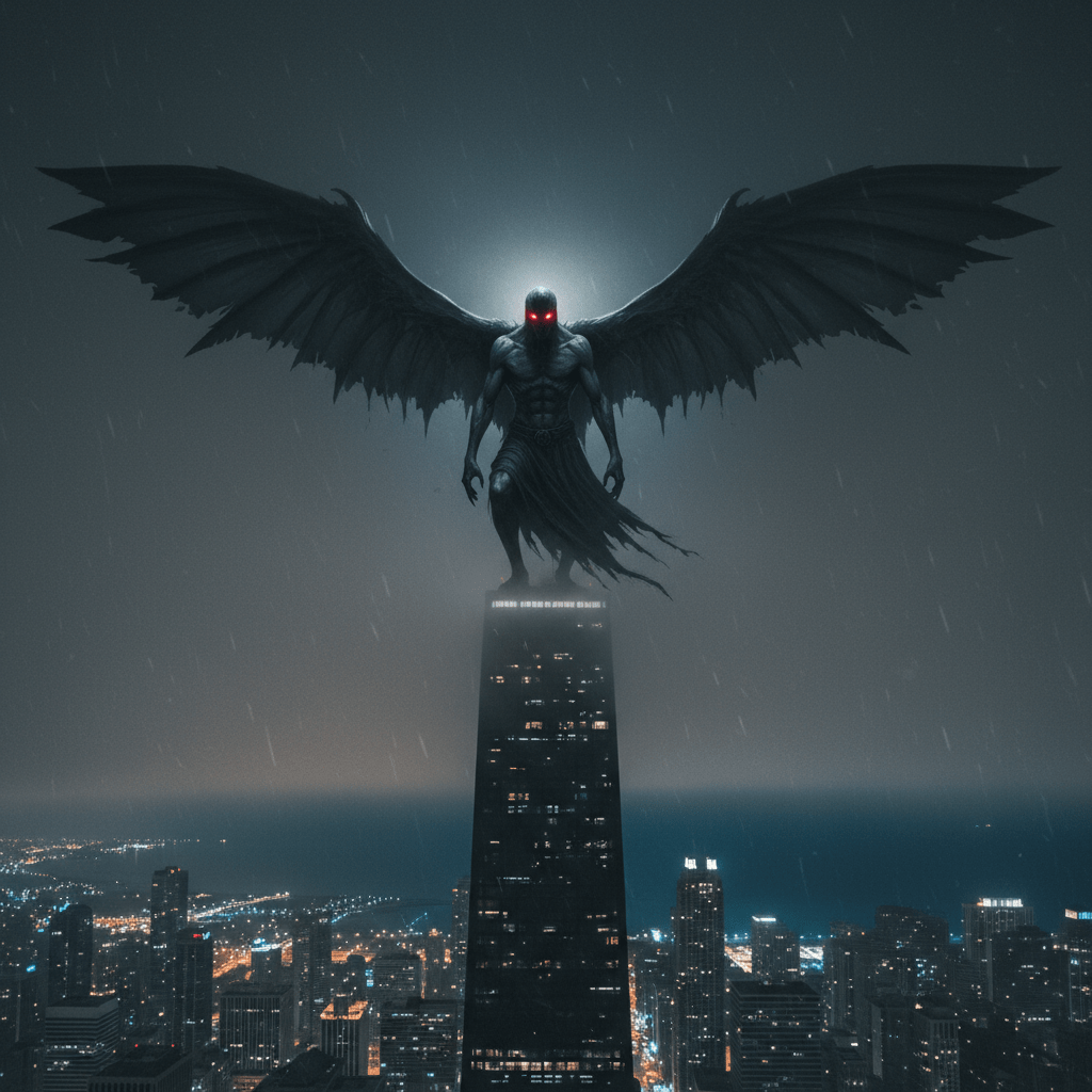 Hombre polilla de Chicago sobre un rascacielos