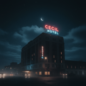 Fachada del Hotel Cecil en Los Ángeles de noche