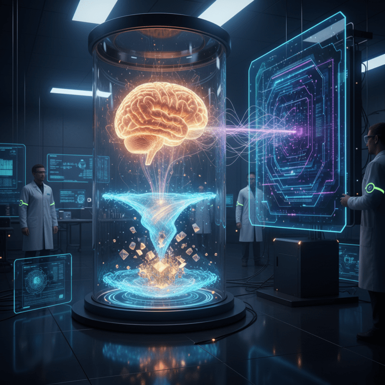 Cerebro humano emitiendo energía cuántica para manifestar la realidad.