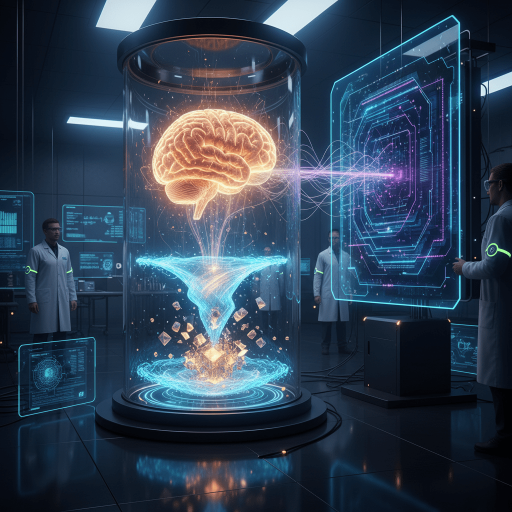 Cerebro humano emitiendo energía cuántica para manifestar la realidad.