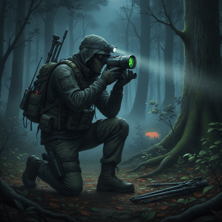 Investigador de criptozoología utilizando cámara térmica en el bosque