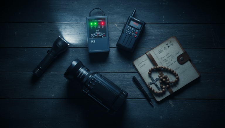 Despliegue de equipo profesional para investigación paranormal: medidores EMF, grabadoras y cámaras.