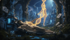 Una representación de Adán en un estado de suspensión luminosa mientras una estructura de doble hélice de ADN emerge de su costado en un entorno natural y tecnológico.