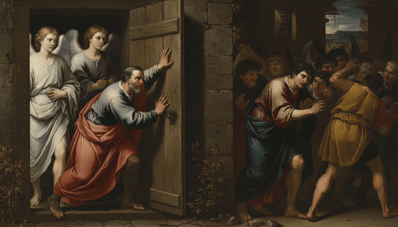 Lot de pie ante la puerta de su casa en Sodoma, extendiendo los brazos para detener a una multitud sombría, con dos figuras luminosas detrás de él.