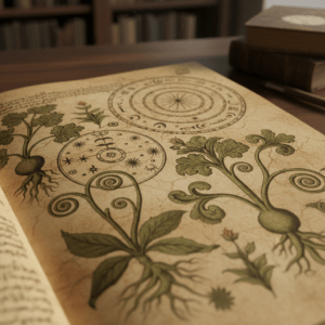 Detalle de la sección botánica y astronómica del manuscrito de Voynich.