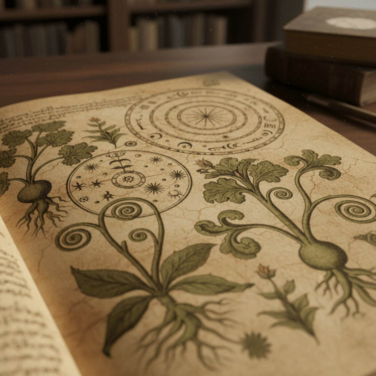 Detalle de la sección botánica y astronómica del manuscrito de Voynich.
