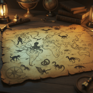 Mapa antiguo de críptidos peligrosos en el mundo