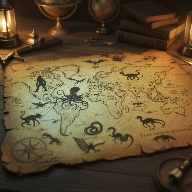 Mapa antiguo de críptidos peligrosos en el mundo
