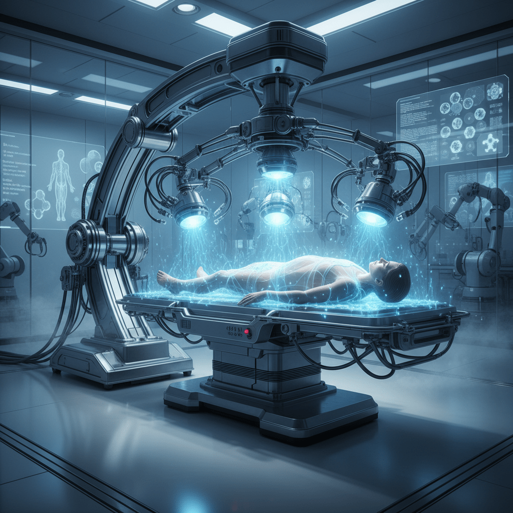 Dispositivo de medicina cuántica emitiendo frecuencias de plasma