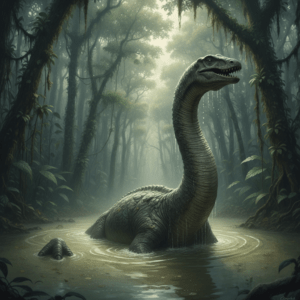 Representación artística del Mokele-mbembe en los pantanos del Congo.