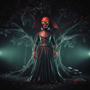 Representación artística de la entidad de Flatwoods en el bosque.