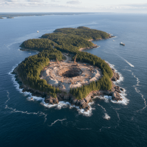 Vista aérea de la Isla del Roble y el área de excavación del Pozo del Dinero.