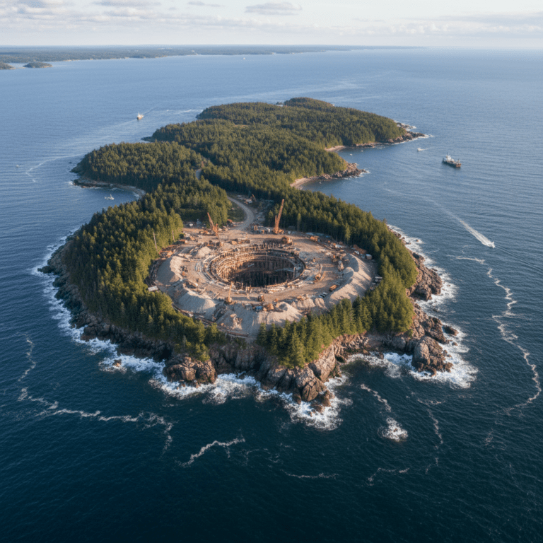 Vista aérea de la Isla del Roble y el área de excavación del Pozo del Dinero.