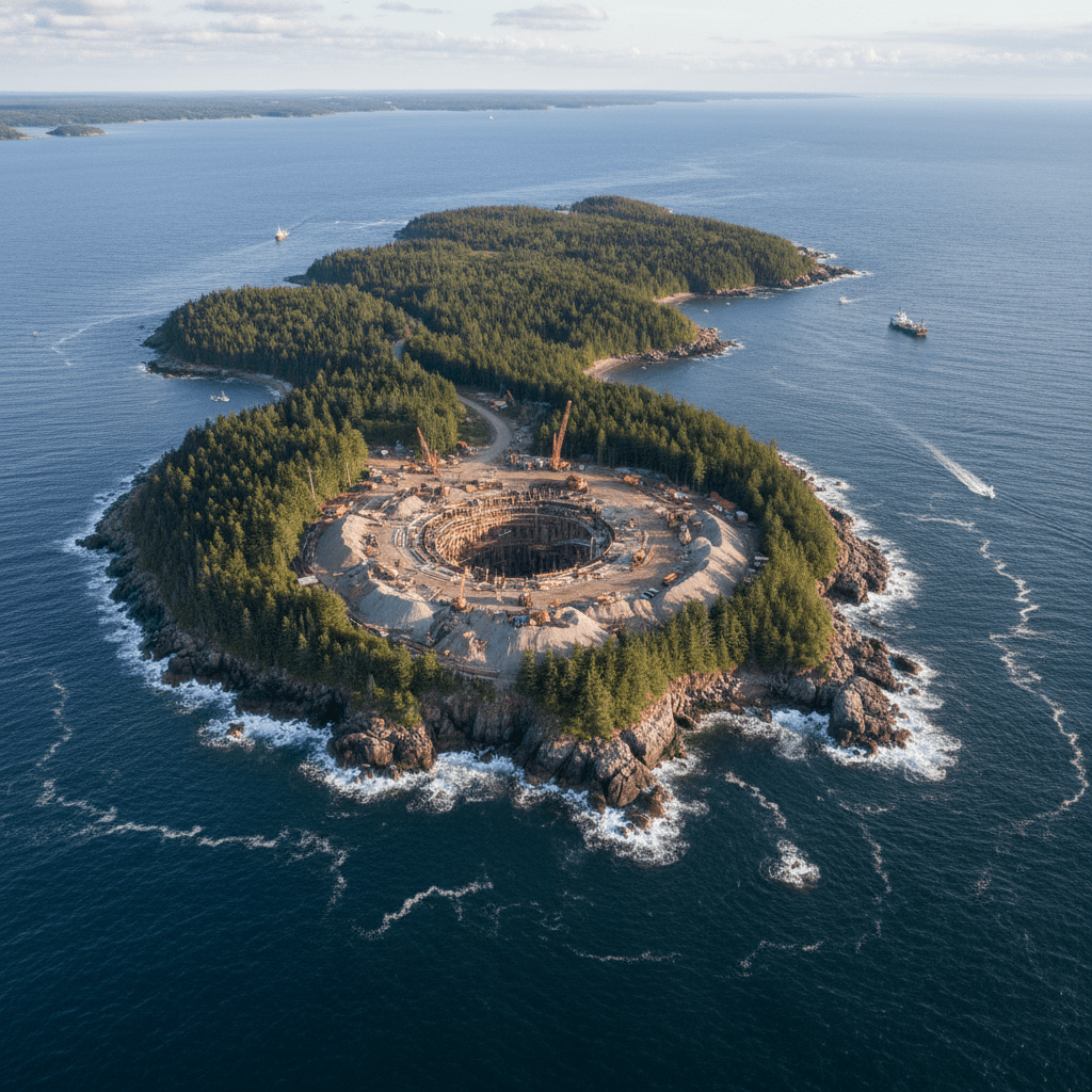 Vista aérea de la Isla del Roble y el área de excavación del Pozo del Dinero.