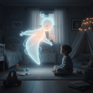 Niño interactuando con una entidad luminosa en su habitación