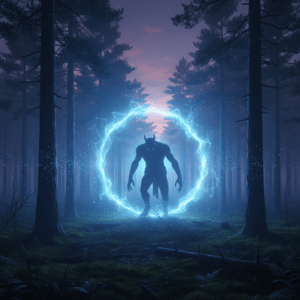 Portal energético en el bosque con silueta de críptido