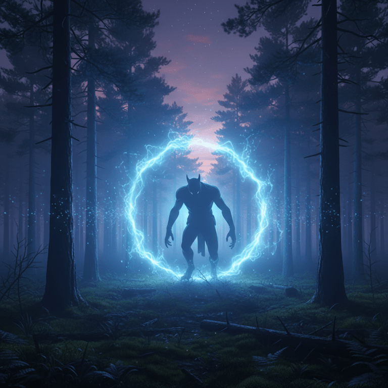 Portal energético en el bosque con silueta de críptido