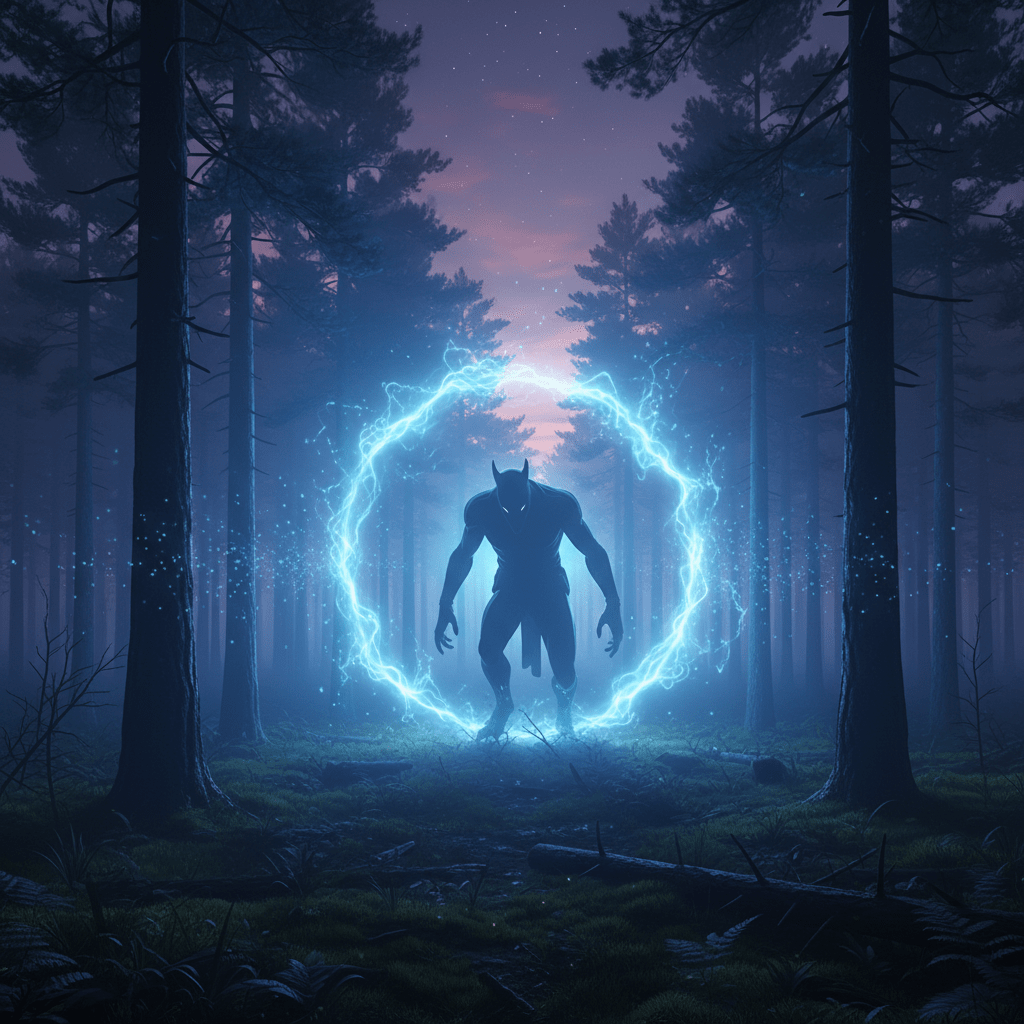Portal energético en el bosque con silueta de críptido