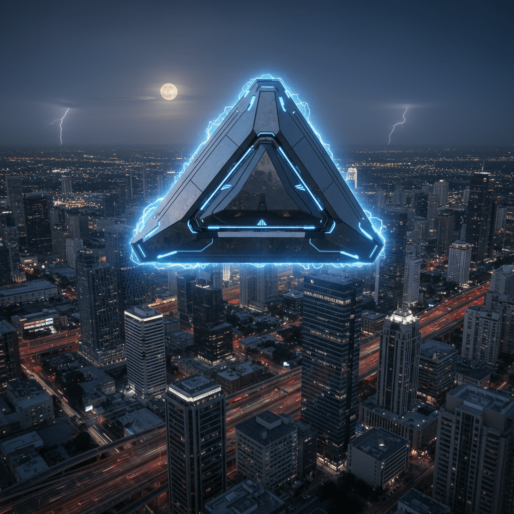 Aeronave triangular con propulsión electrogravitica sobre una ciudad