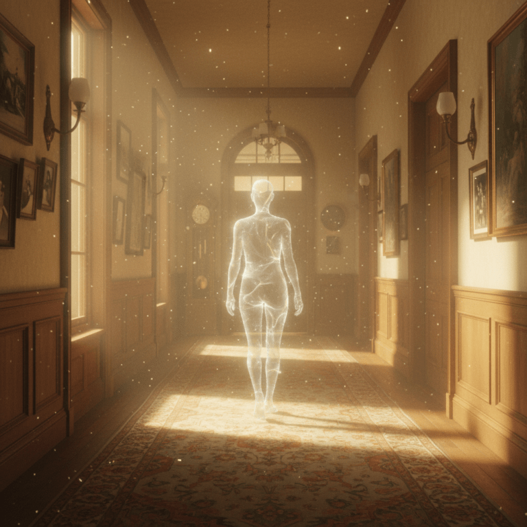 Silueta etérea de un alma recorriendo sus pasos en un pasillo nostálgico.